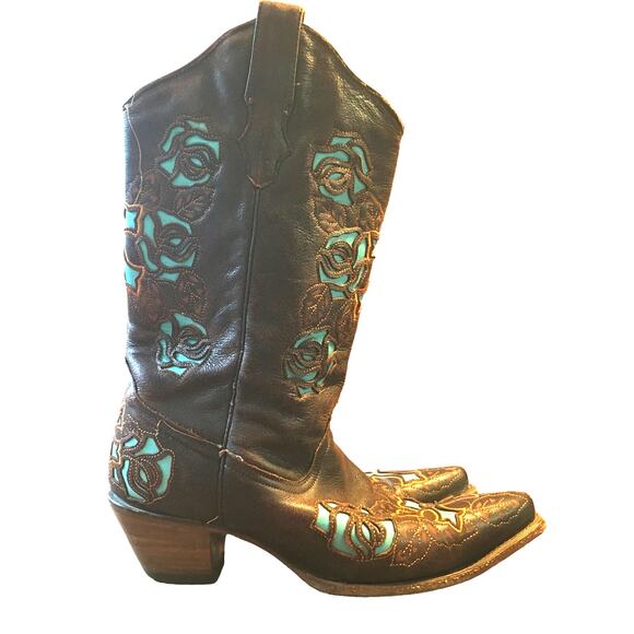 Corral Womens Boots 10 M Antique Brown Turquoise Saddle Rose Cross Inlay Western - Picture 3 of 13
